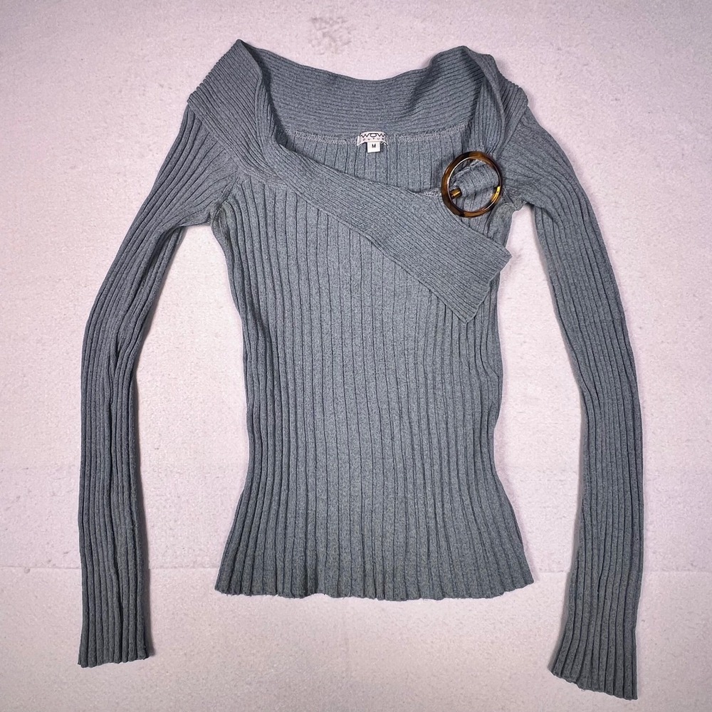 Wow Couture Ribbed Buckle Top Womens Size M Blue Gray Excellent